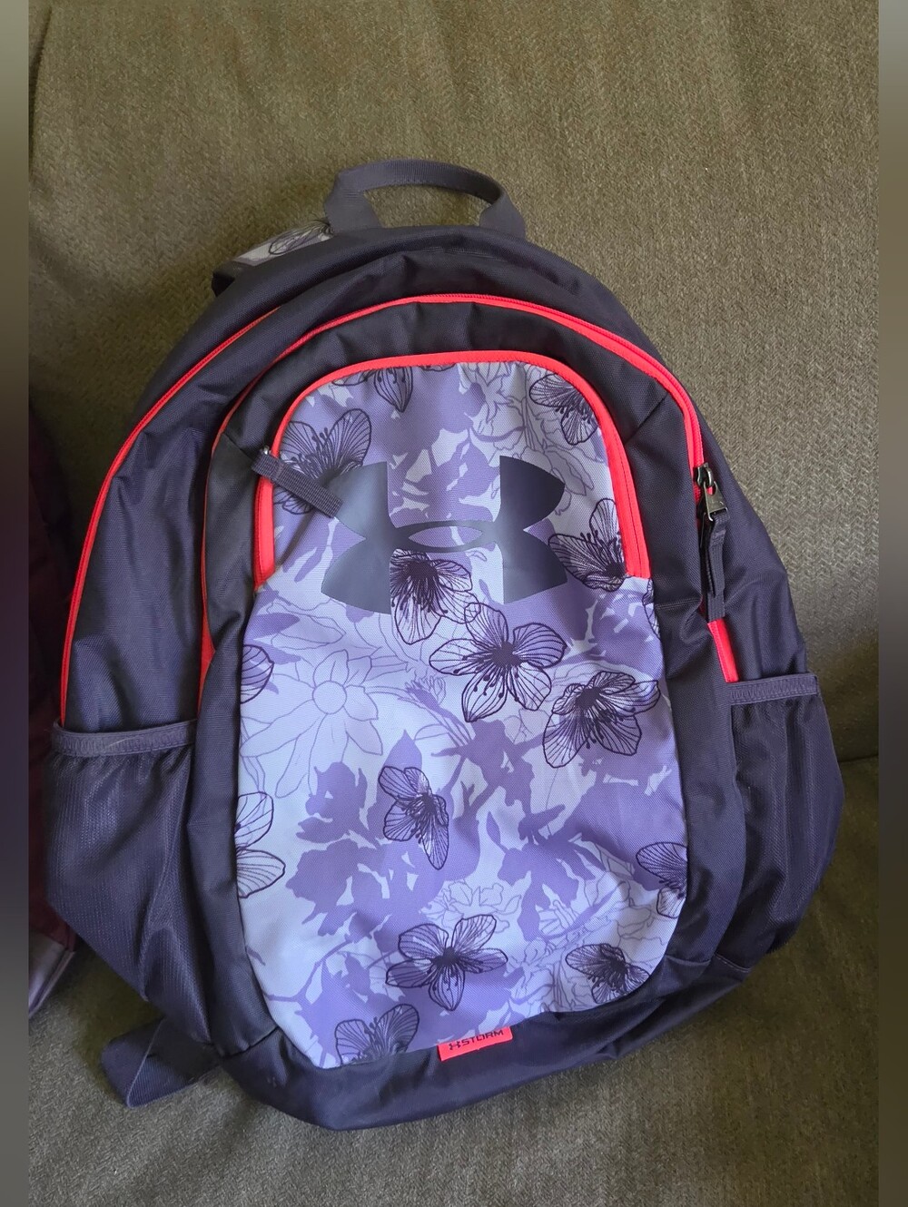Under Armour Gray and Purple Floral Backpack with Coral Trim Preloved